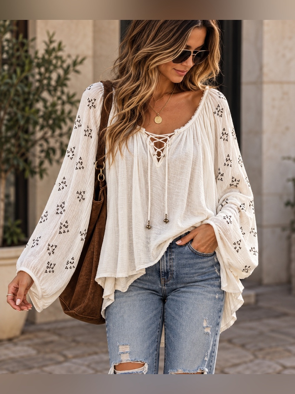 Free People White Embroidered Peasant Blouse Tassel Tie Long Sleeve XS
